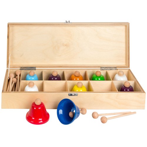 10 bunte Handglocken mit Halterung und Kugelschlegel